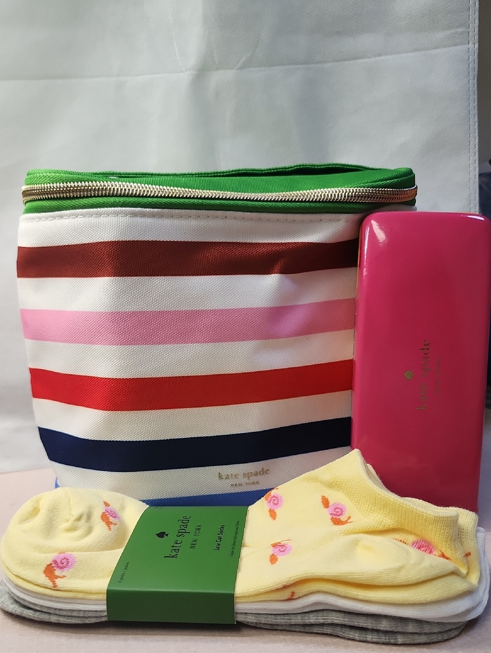 Kate Spade Adventure Stripe Lunch Tote, Glasses Case & Socks
